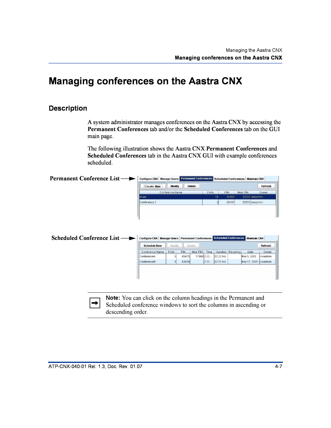 Aastra Telecom ATP-CNX-040-01 Managing conferences on the Aastra CNX, Permanent Conference List Scheduled Conference List 