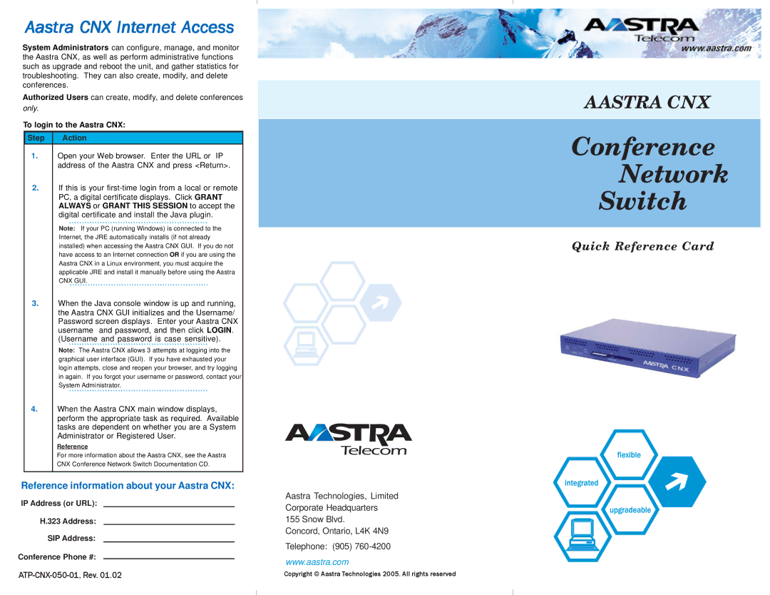 Aastra Telecom ATP-CNX-050-01 manual Aastra CNX Internet Access, Reference information about your Aastra CNX 