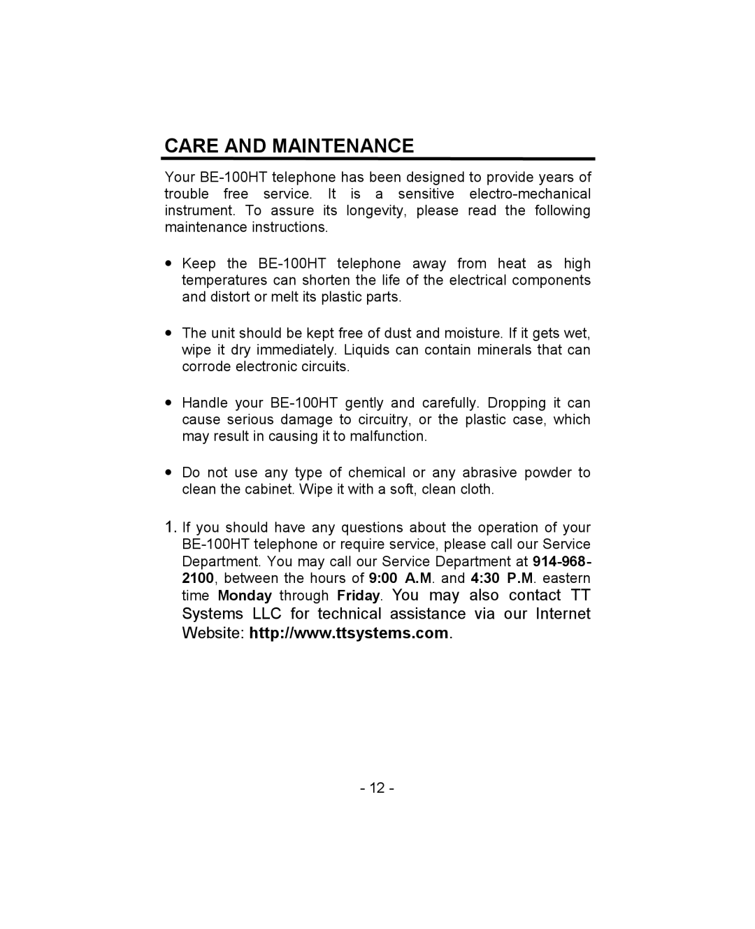 Aastra Telecom BE-100HT owner manual Care and Maintenance 