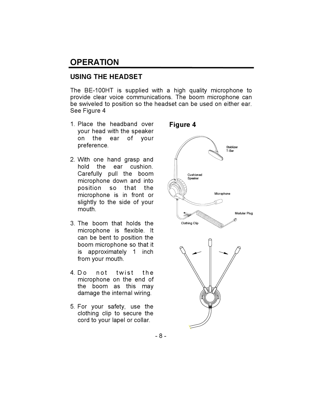 Aastra Telecom BE-100HT owner manual Operation, Using the Headset 