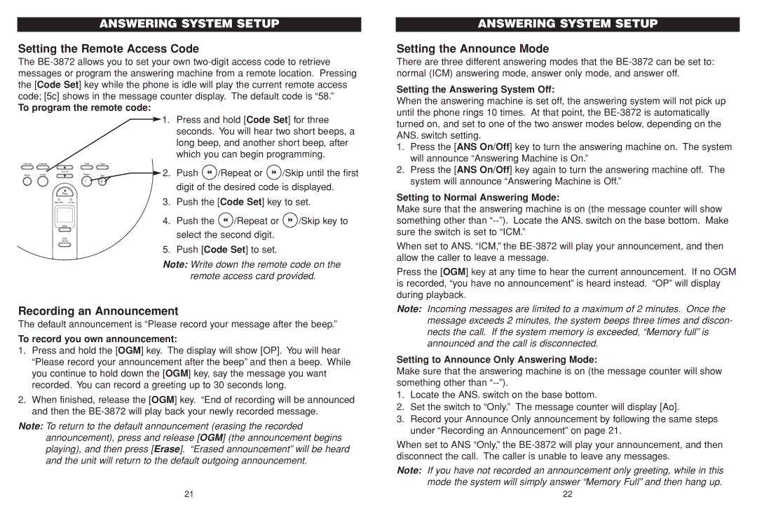 Aastra Telecom BE-3872 manual Setting the Remote Access Code, Recording an Announcement, Setting the Announce Mode 