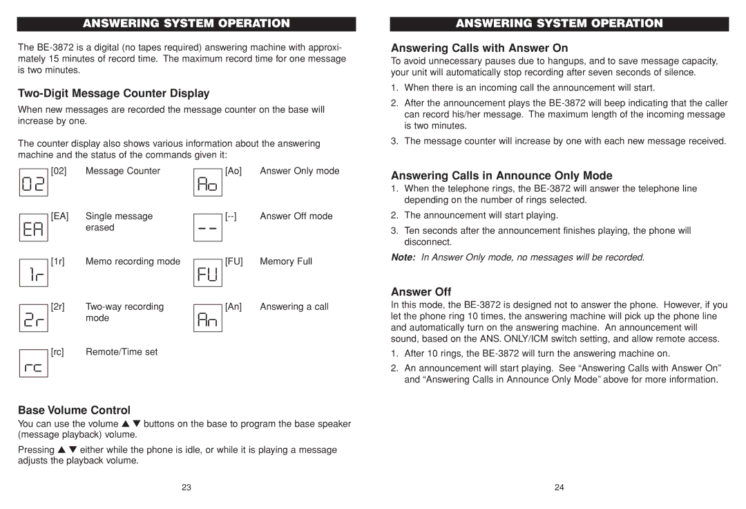 Aastra Telecom BE-3872 manual Answering System Operation 