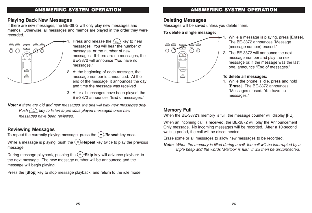 Aastra Telecom BE-3872 manual Playing Back New Messages, Reviewing Messages, Deleting Messages, Memory Full 