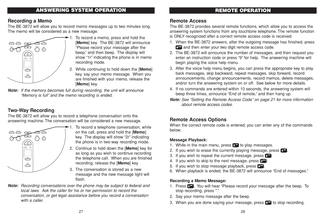 Aastra Telecom BE-3872 manual Recording a Memo, Two-Way Recording, Remote Operation, Remote Access Options 