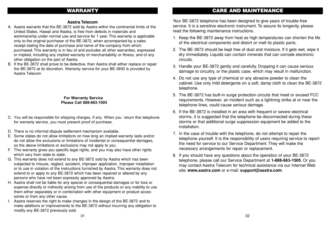 Aastra Telecom BE-3872 manual Warranty, Care and Maintenance, Aastra Telecom 