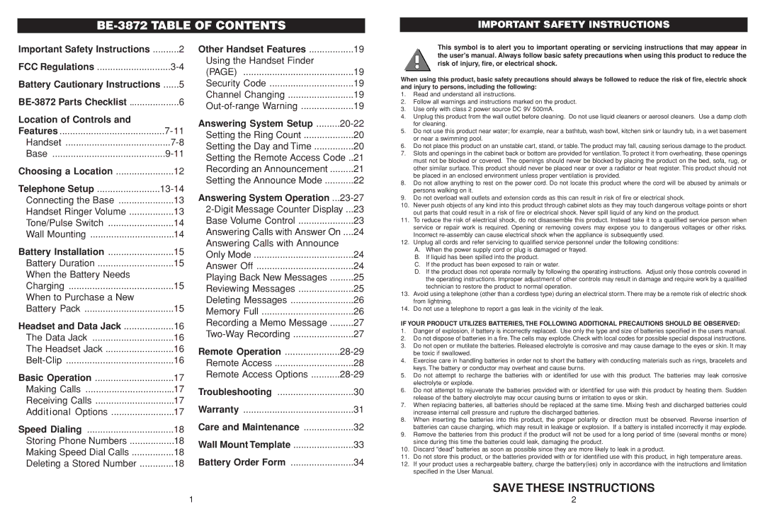 Aastra Telecom manual BE-3872 Table of Contents 