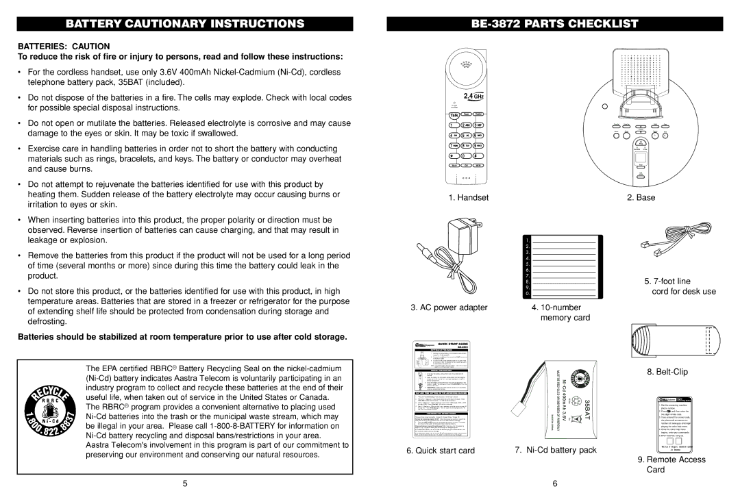 Aastra Telecom manual Battery Cautionary Instructions, BE-3872 Parts Checklist 