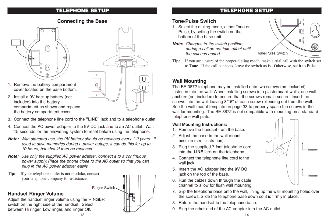 Aastra Telecom BE-3872 manual Telephone Setup, Connecting the Base, Tone/Pulse Switch, Wall Mounting Instructions 