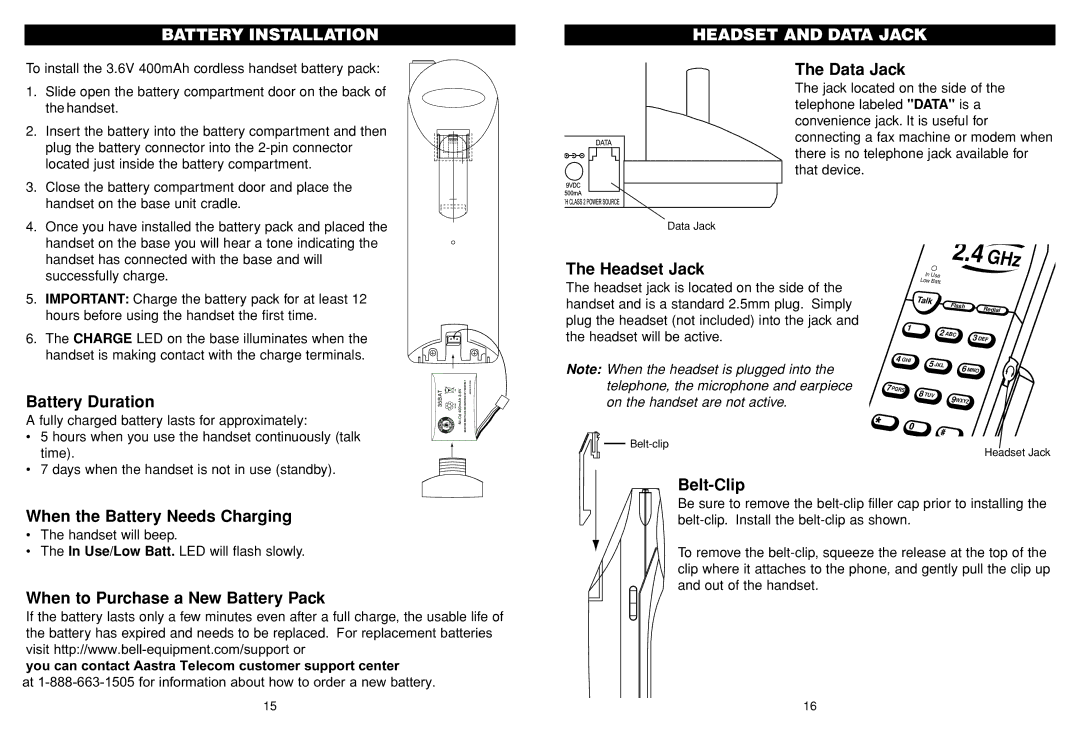 Aastra Telecom BE-3872 manual Battery Installation, Headset and Data Jack 