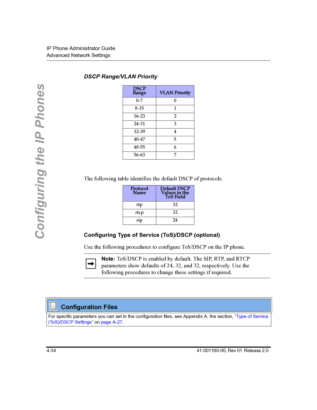 Aastra Telecom 57I C53I manual Dscp Range/VLAN Priority, Configuring Type of Service ToS/DSCP optional 