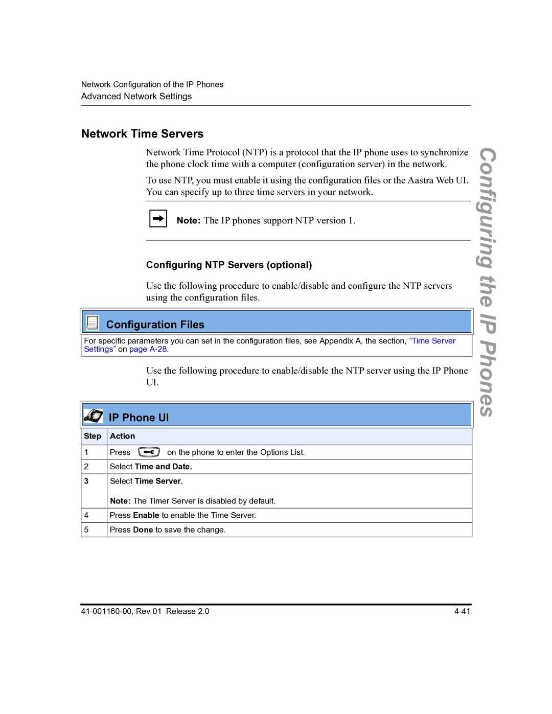 Aastra Telecom 57I C53I Network Time Servers, Configuring NTP Servers optional, Select Time and Date Select Time Server 