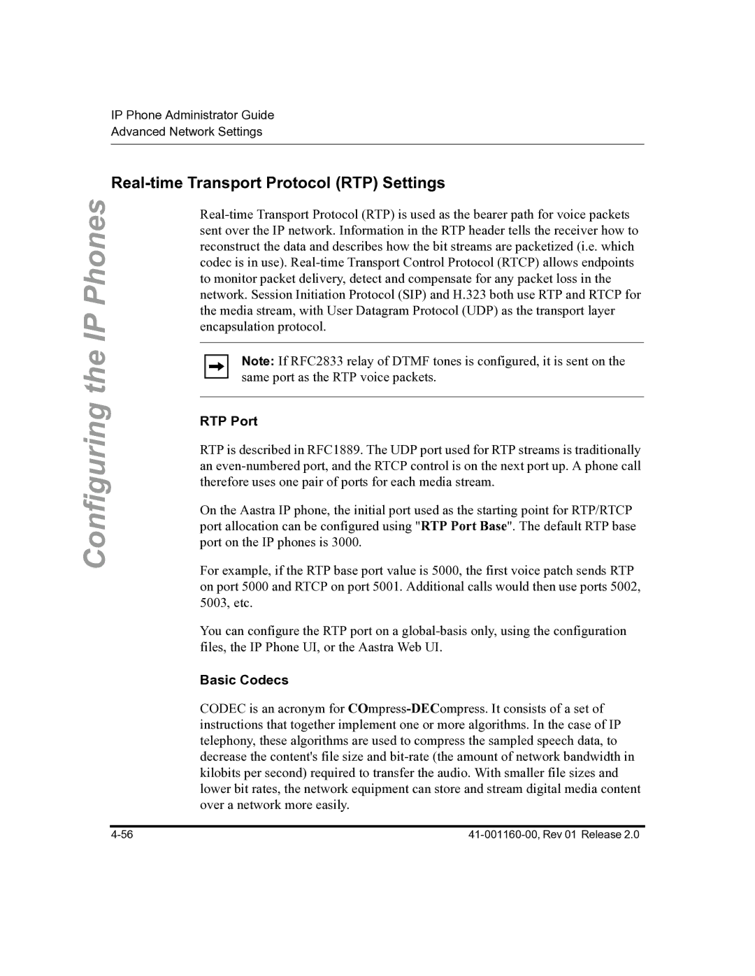 Aastra Telecom 57I C53I manual Real-time Transport Protocol RTP Settings, RTP Port, Basic Codecs 