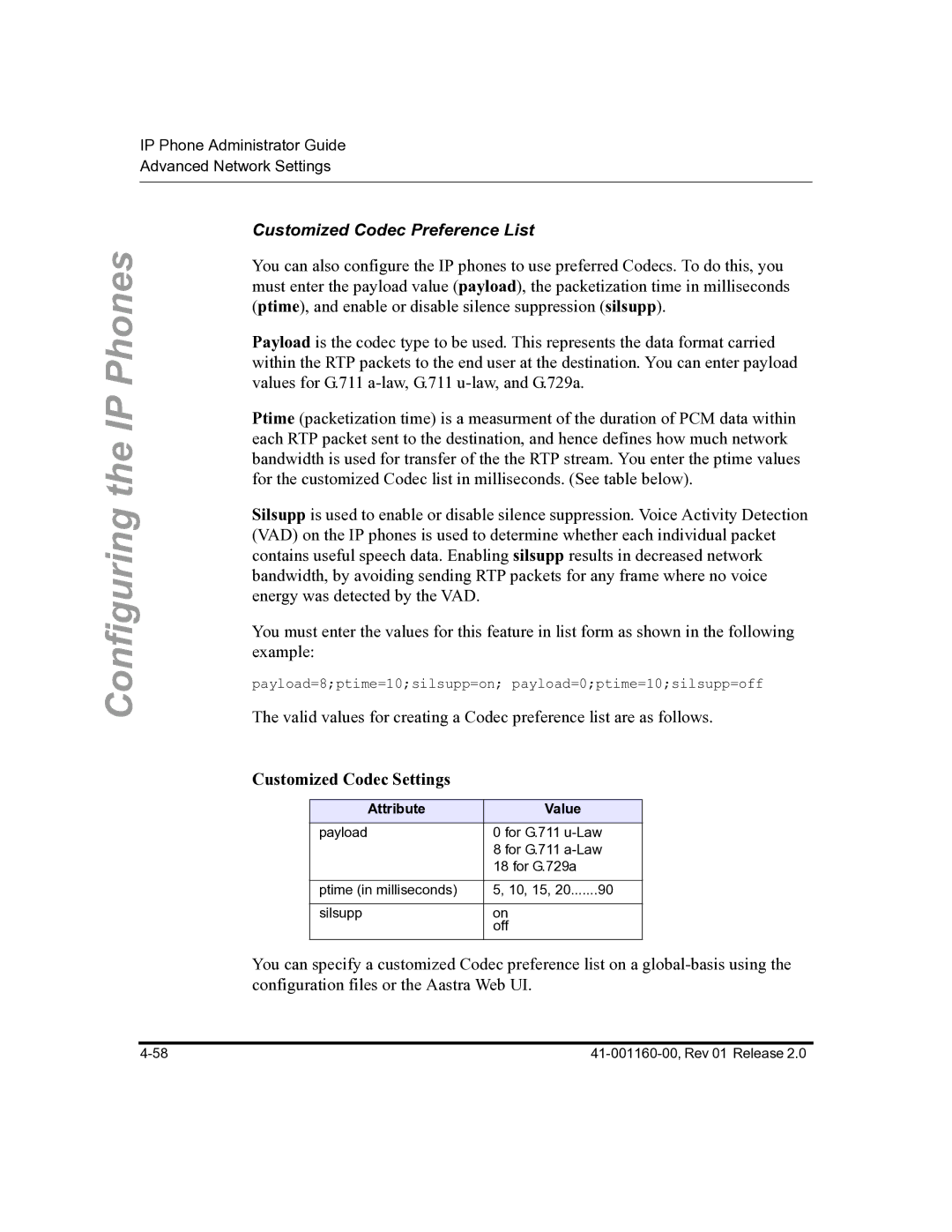 Aastra Telecom 57I C53I manual Customized Codec Preference List, Customized Codec Settings, Attribute Value 