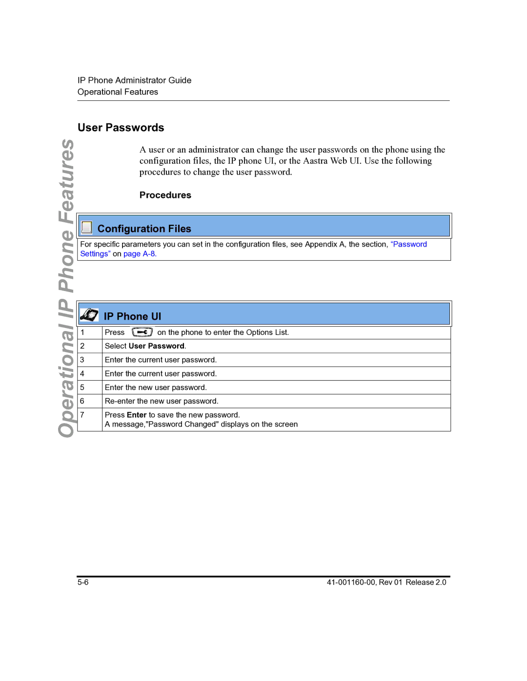 Aastra Telecom 57I C53I manual User Passwords, Procedures, Select User Password 