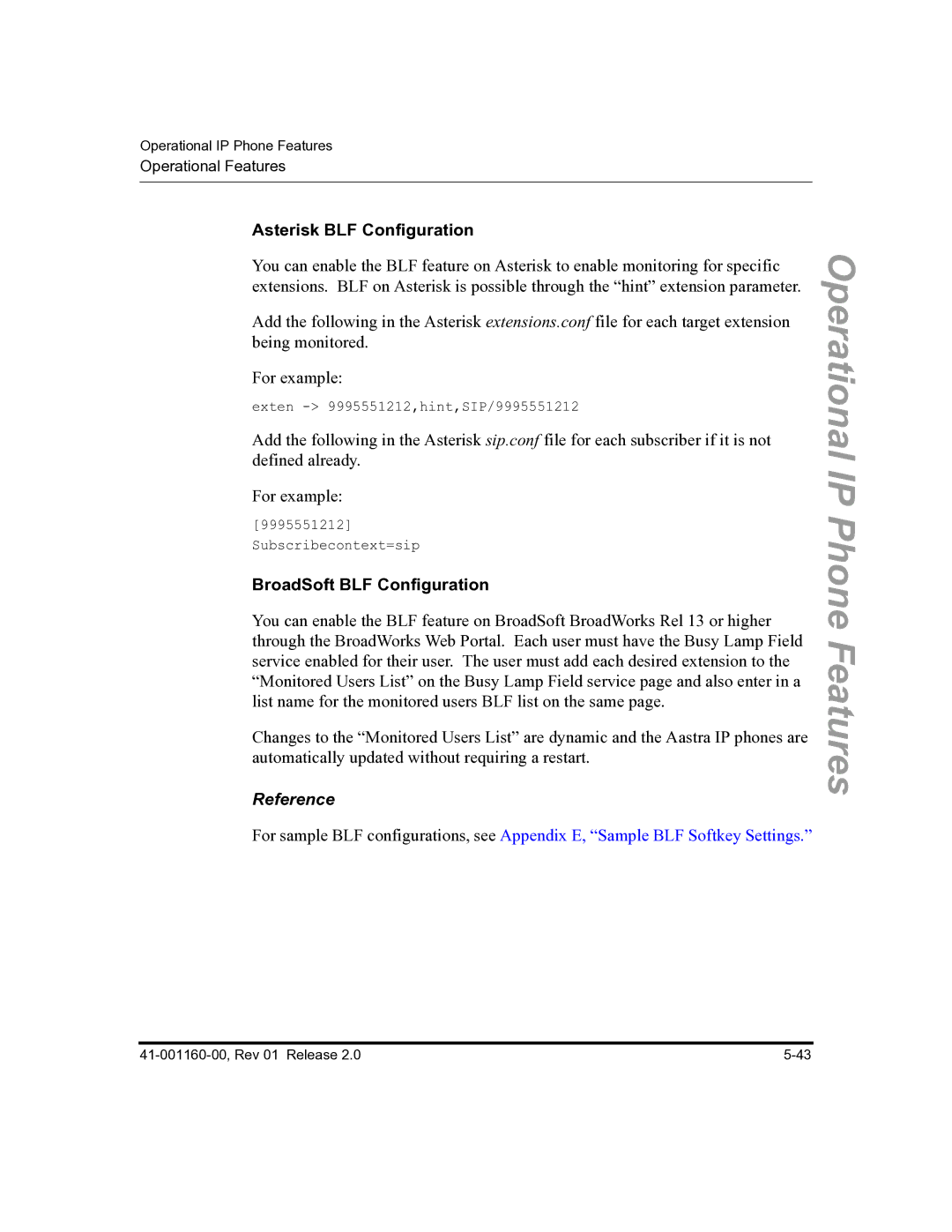 Aastra Telecom 57I C53I manual Asterisk BLF Configuration, BroadSoft BLF Configuration 