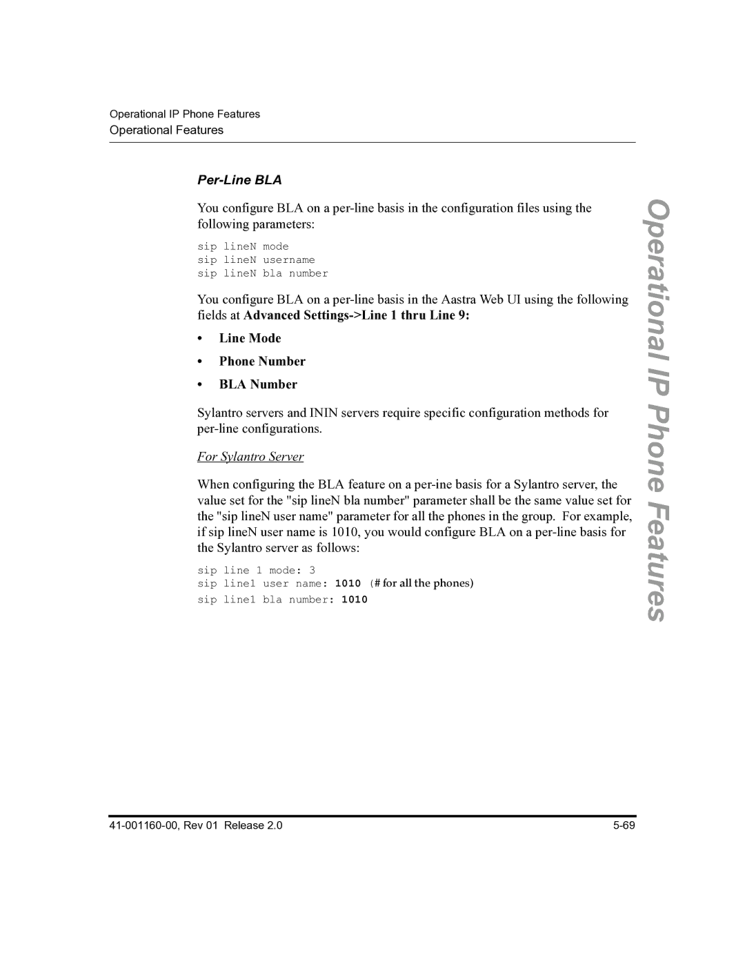 Aastra Telecom 57I C53I manual Per-Line BLA, For Sylantro Server 