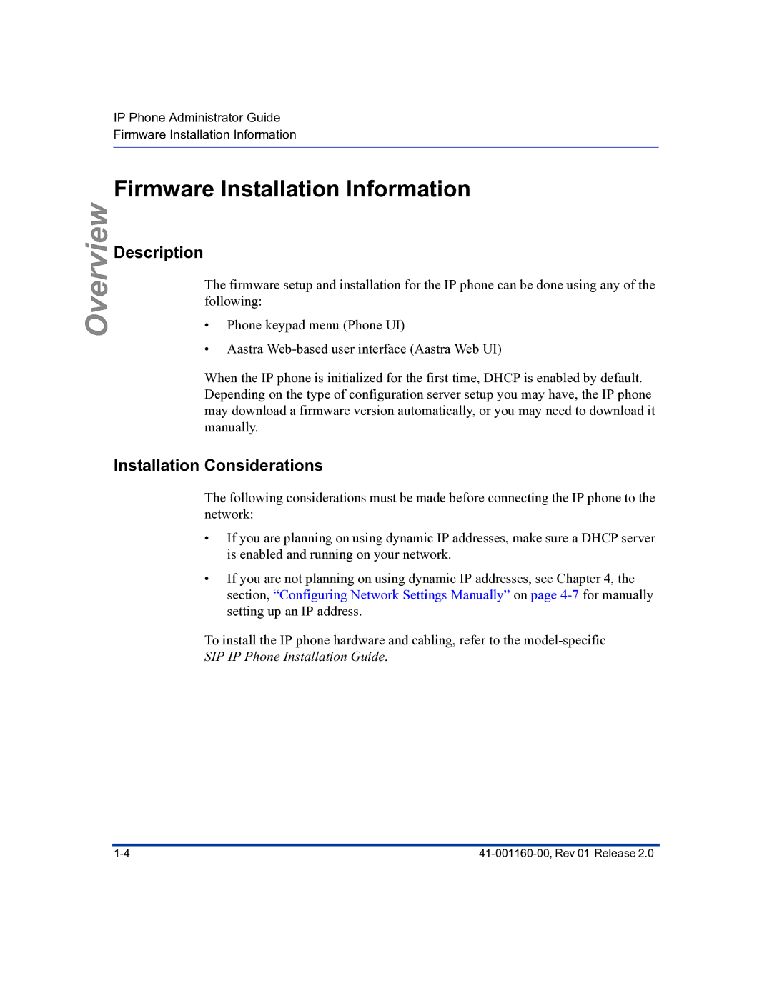 Aastra Telecom 57I C53I manual Firmware Installation Information, Installation Considerations 