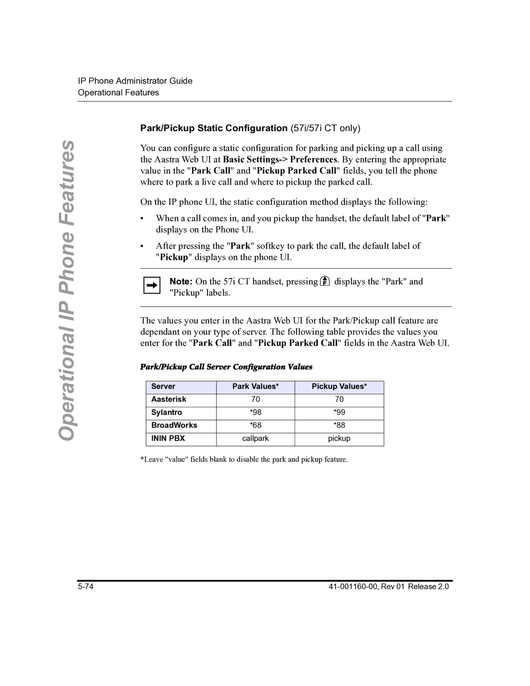 Aastra Telecom C53I manual Park/Pickup Static Configuration 57i/57i CT only, Park/Pickup Call Server Configuration Values 