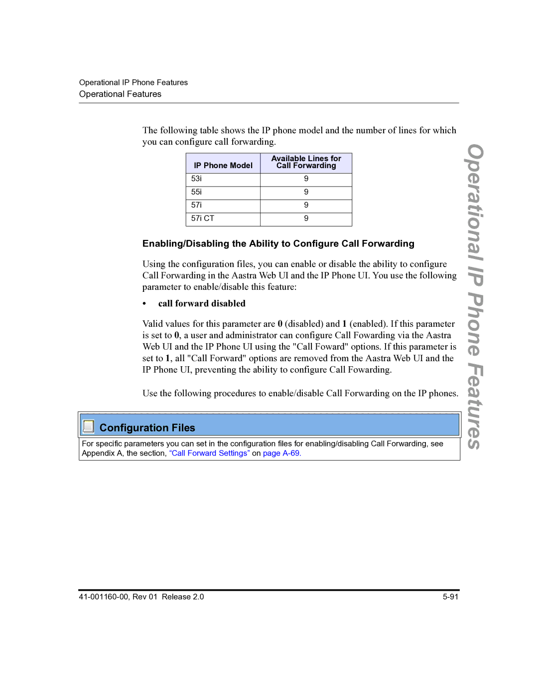 Aastra Telecom 57I C53I manual Enabling/Disabling the Ability to Configure Call Forwarding, Call forward disabled 