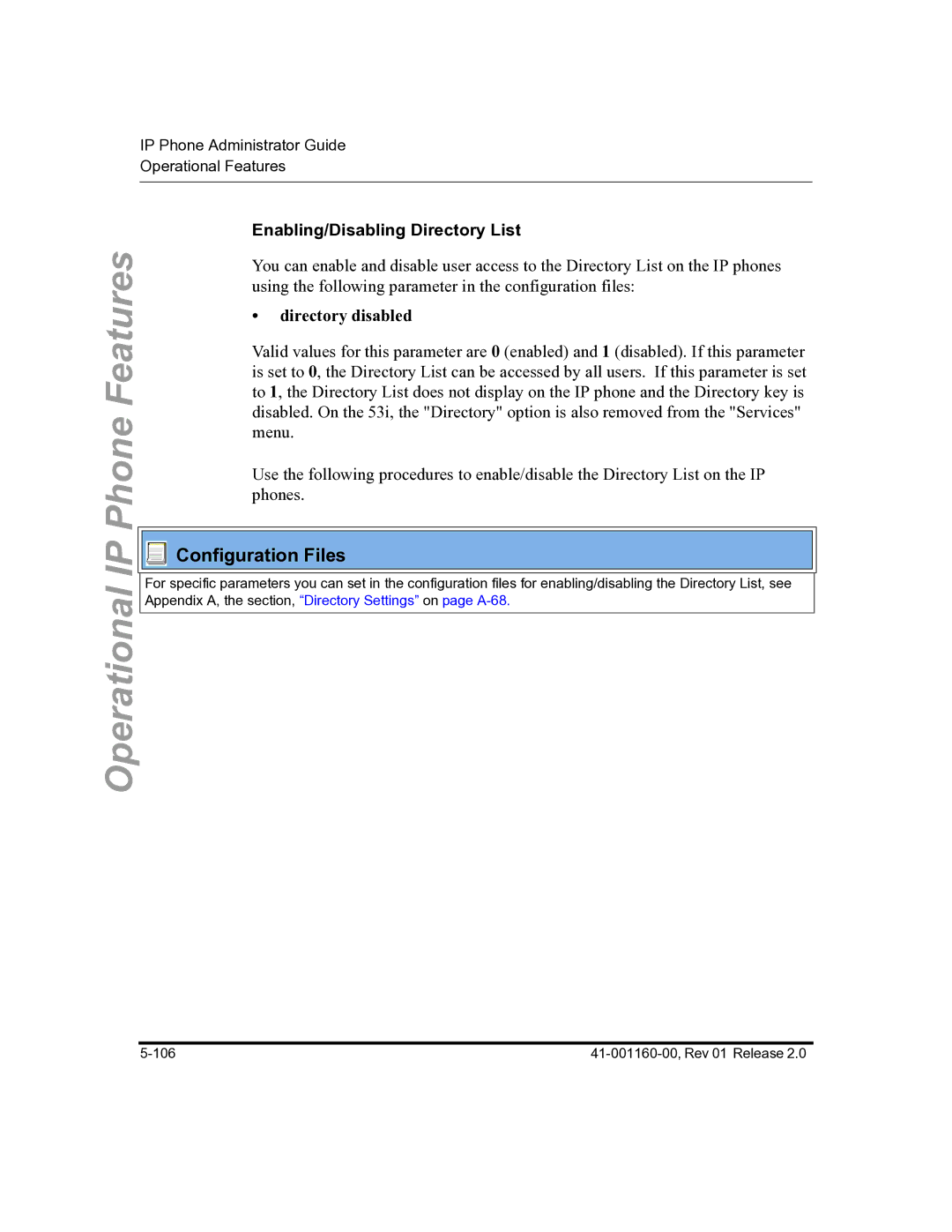 Aastra Telecom 57I C53I manual Enabling/Disabling Directory List, Directory disabled 