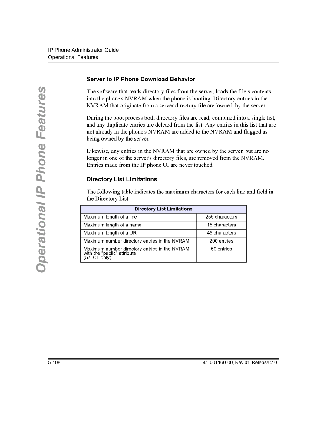 Aastra Telecom 57I C53I manual Server to IP Phone Download Behavior, Directory List Limitations 