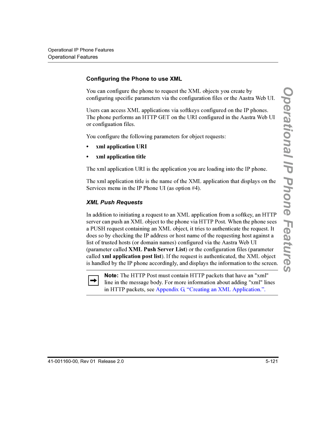 Aastra Telecom 57I C53I Configuring the Phone to use XML, Xml application URI Xml application title, XML Push Requests 