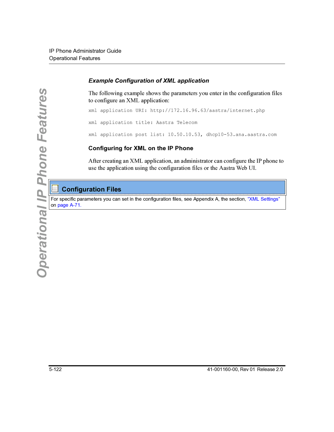 Aastra Telecom 57I C53I manual Example Configuration of XML application, Configuring for XML on the IP Phone 