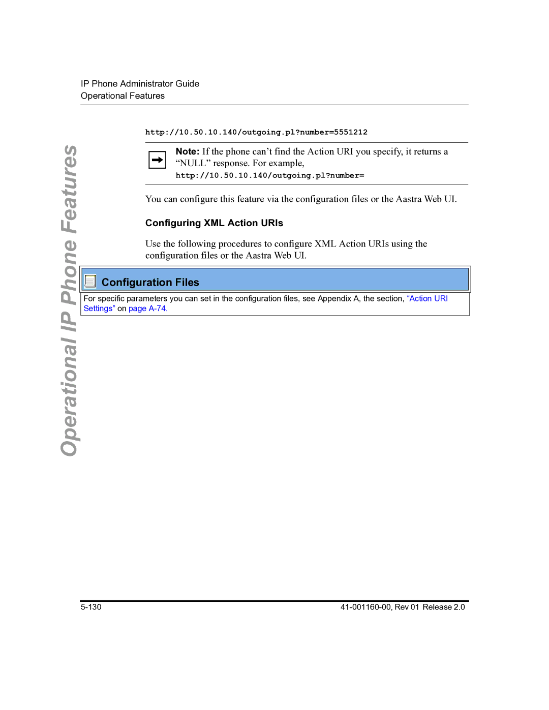 Aastra Telecom 57I C53I manual Configuring XML Action URIs 