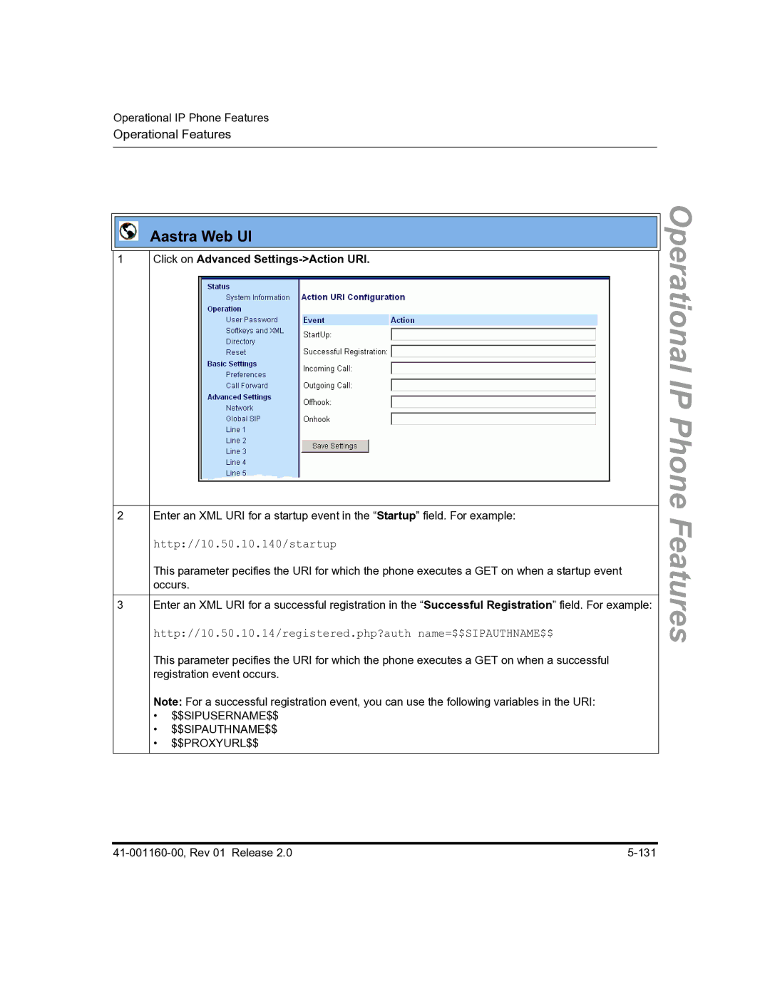 Aastra Telecom 57I C53I manual Features, Click on Advanced Settings-Action URI 