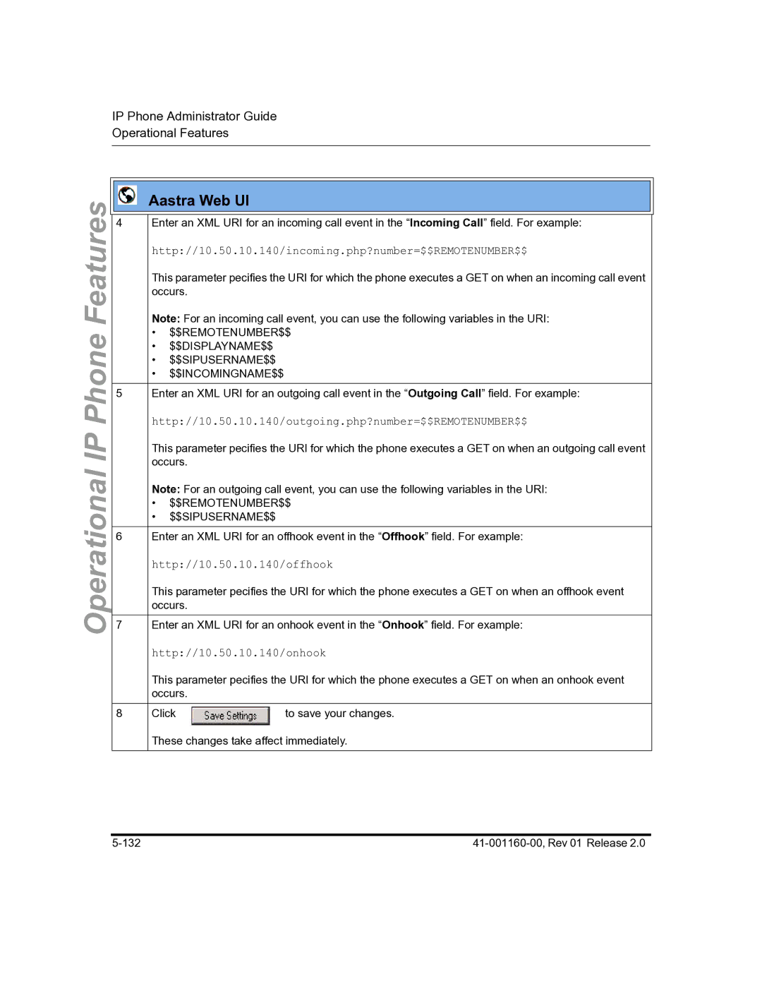 Aastra Telecom 57I C53I manual Http//10.50.10.140/outgoing.php?number=$$REMOTENUMBER$$ 