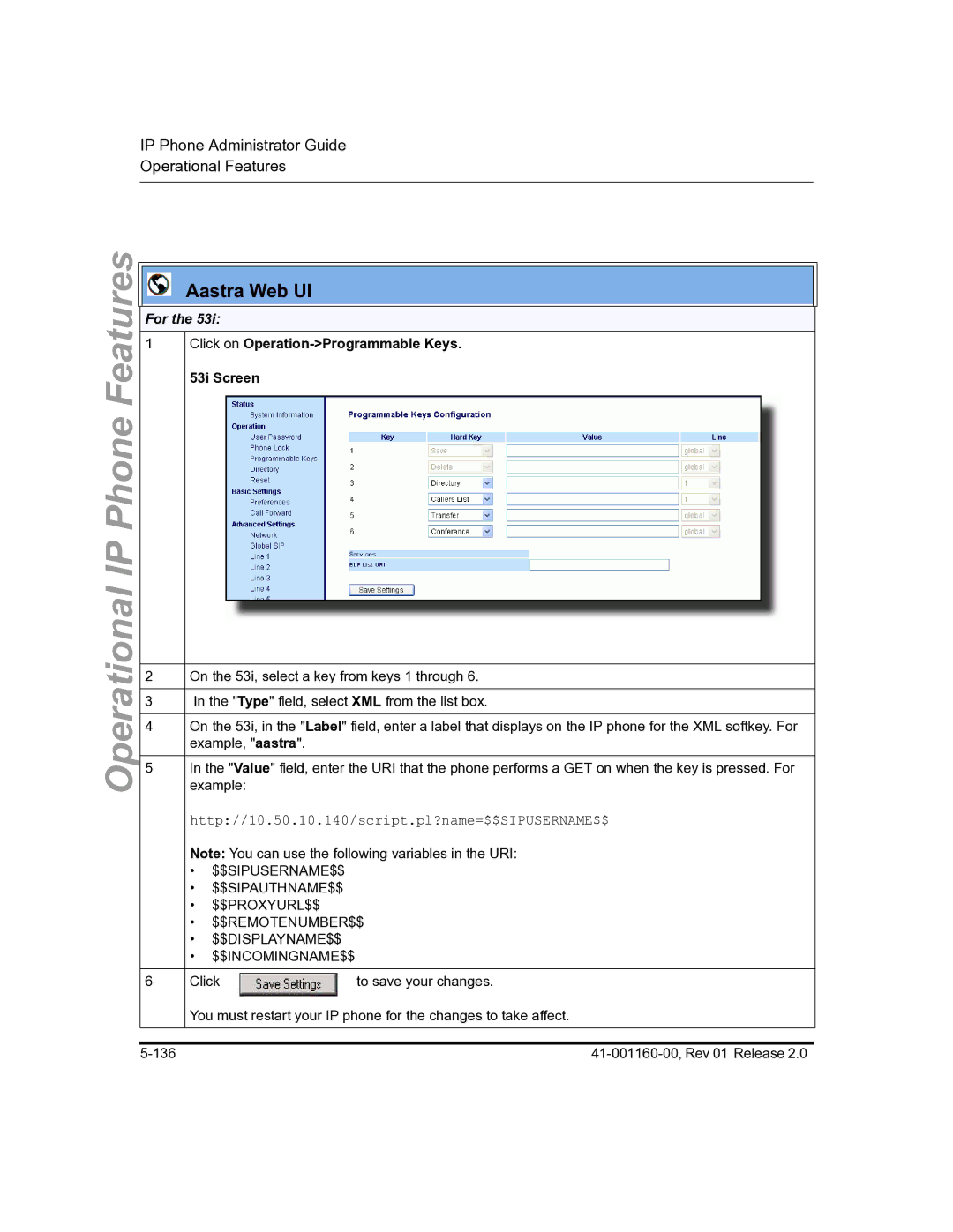 Aastra Telecom 57I C53I manual For, Click on Operation-Programmable Keys 53i Screen 