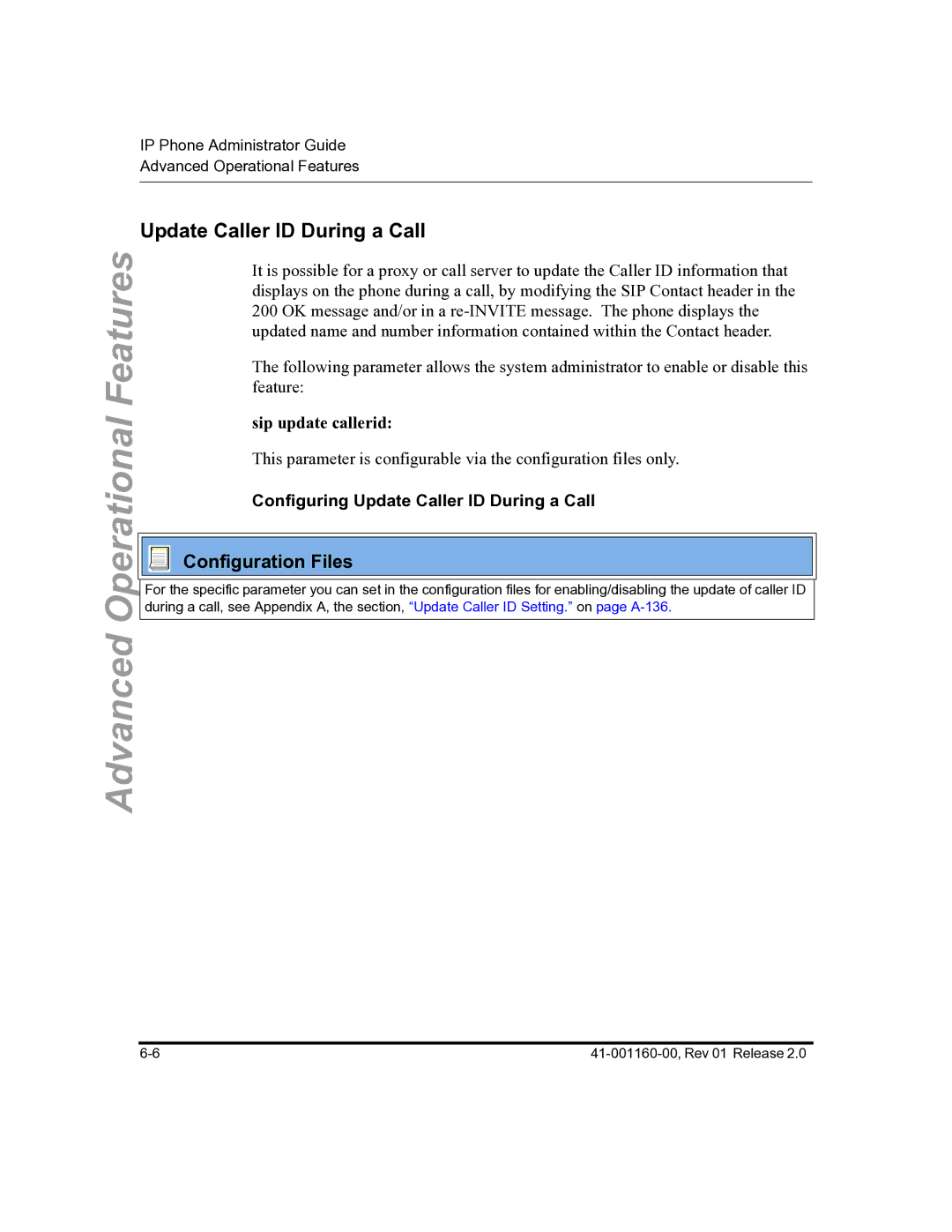 Aastra Telecom 57I C53I manual Sip update callerid, Configuring Update Caller ID During a Call 