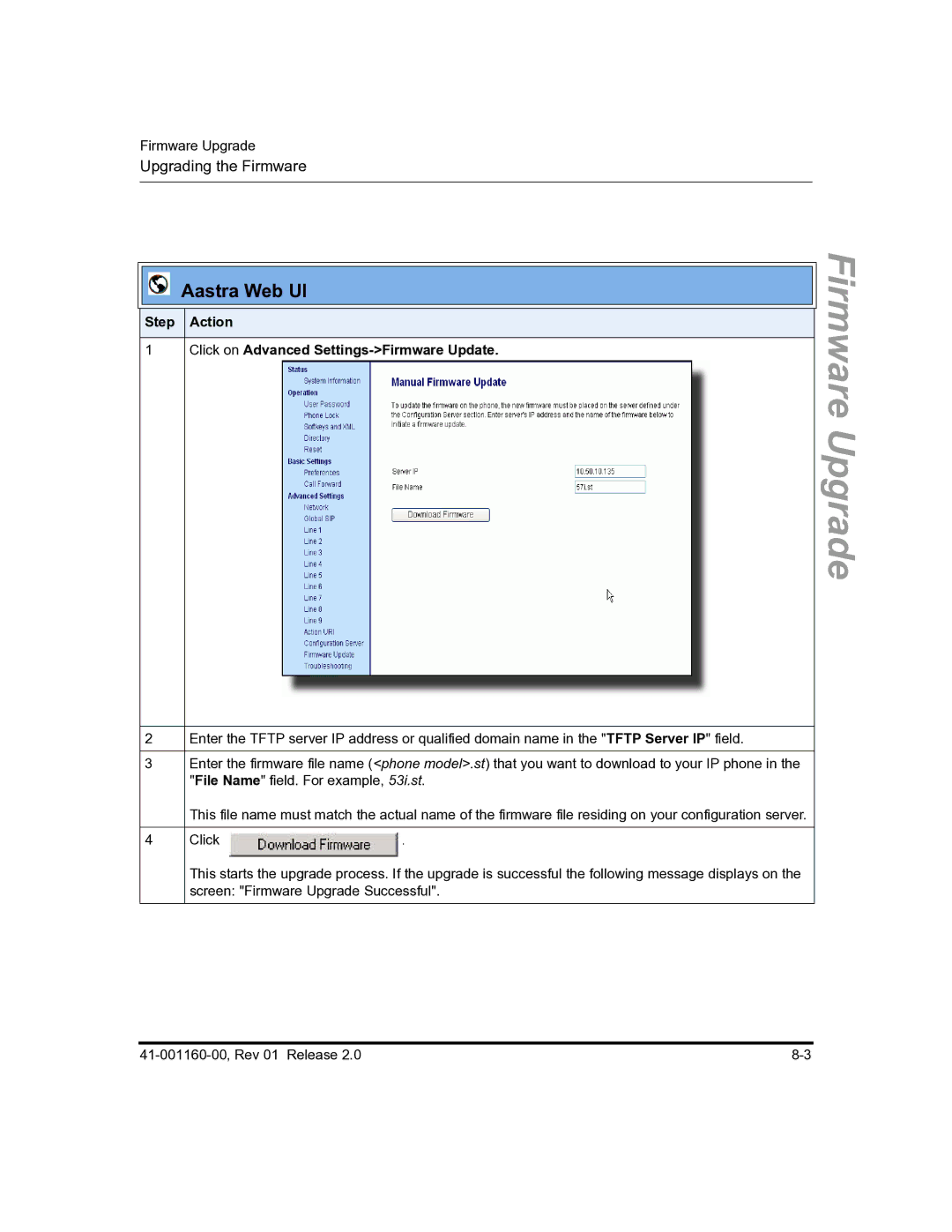 Aastra Telecom 57I C53I manual Step Action Click on Advanced Settings-Firmware Update 