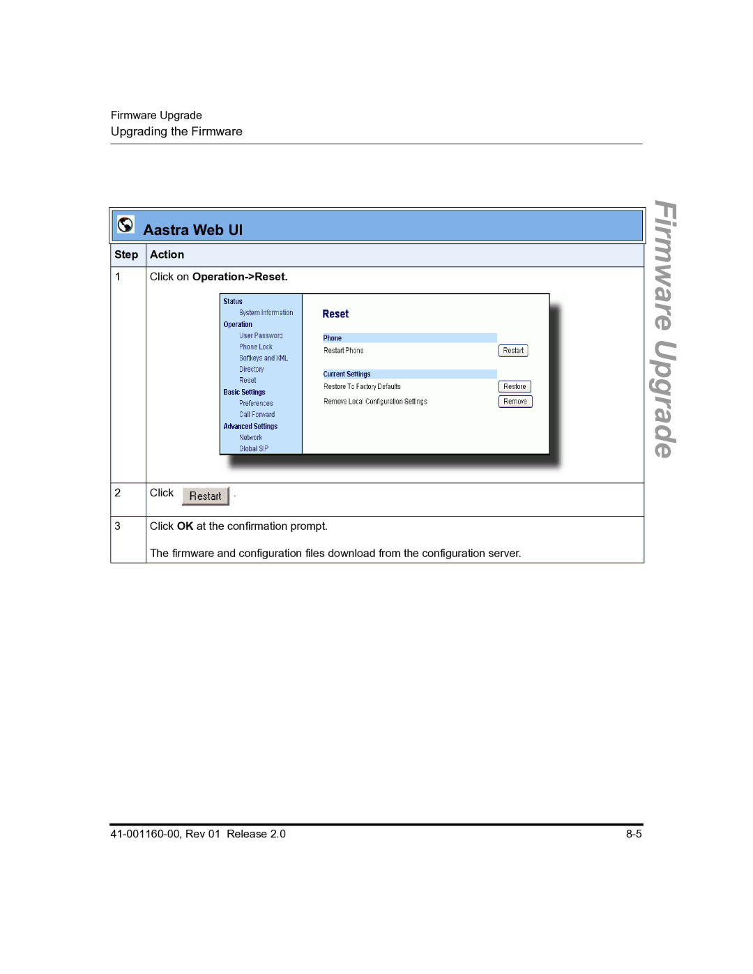 Aastra Telecom 57I C53I manual Step Action Click on Operation-Reset 