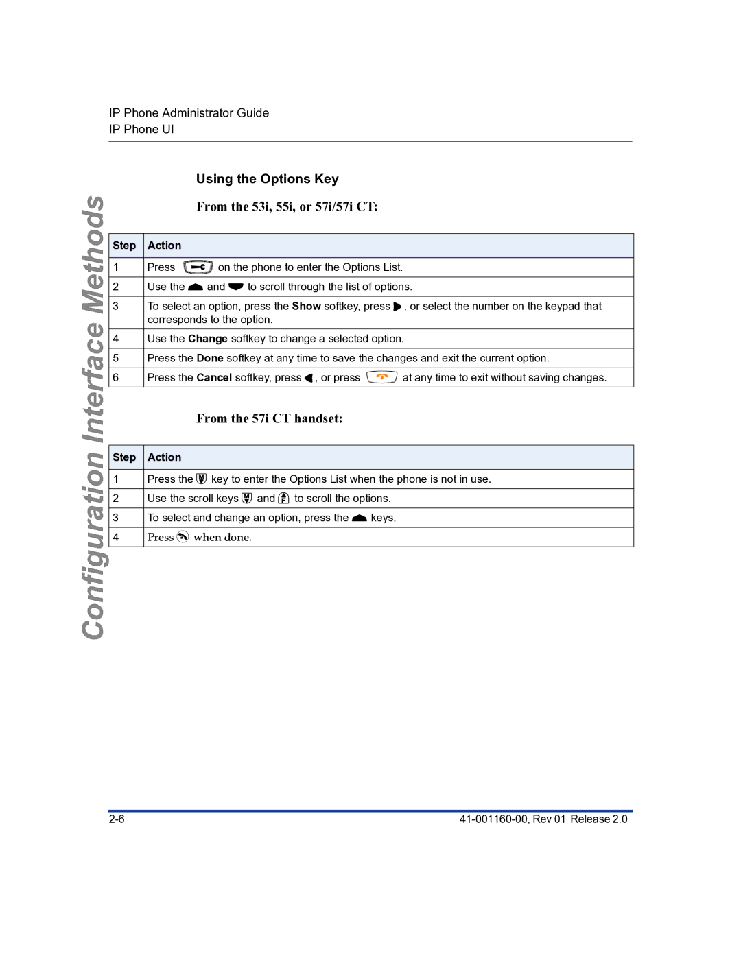 Aastra Telecom 57I C53I manual Using the Options Key, From the 53i, 55i, or 57i/57i CT, From the 57i CT handset 