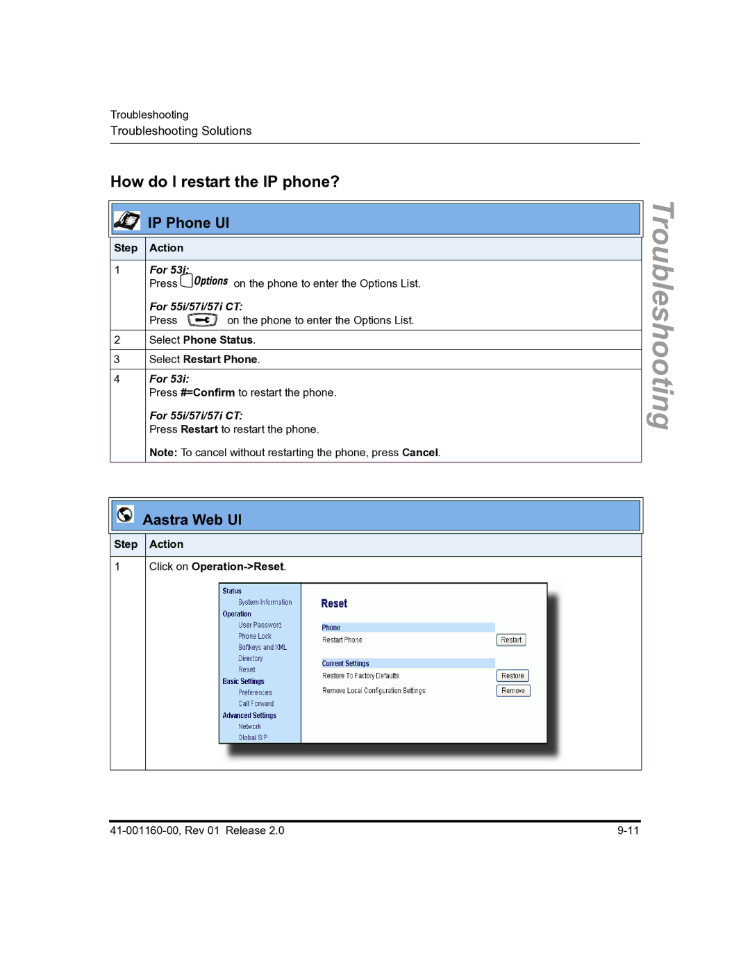 Aastra Telecom 57I C53I manual How do I restart the IP phone?, Step Action 