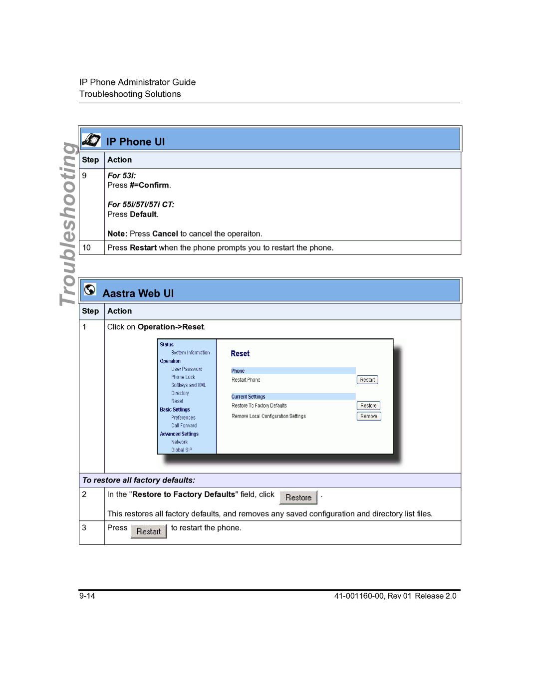 Aastra Telecom 57I C53I manual Step Action Click on Operation-Reset, Restore to Factory Defaults field, click 