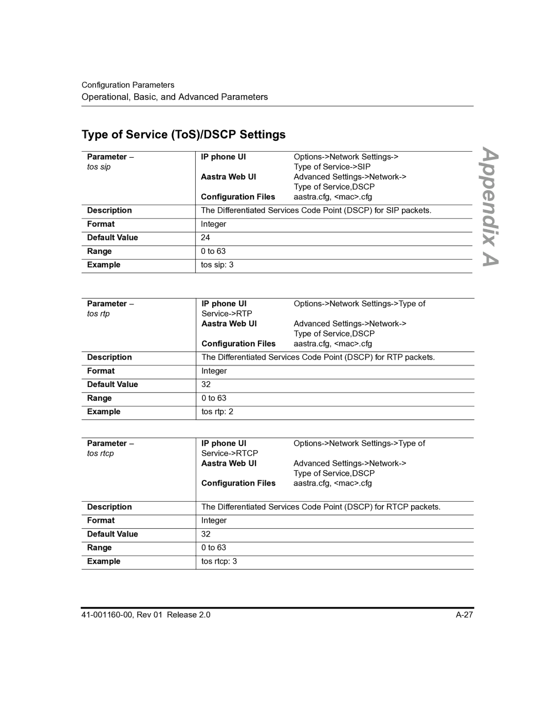 Aastra Telecom 57I C53I manual Type of Service ToS/DSCP Settings 