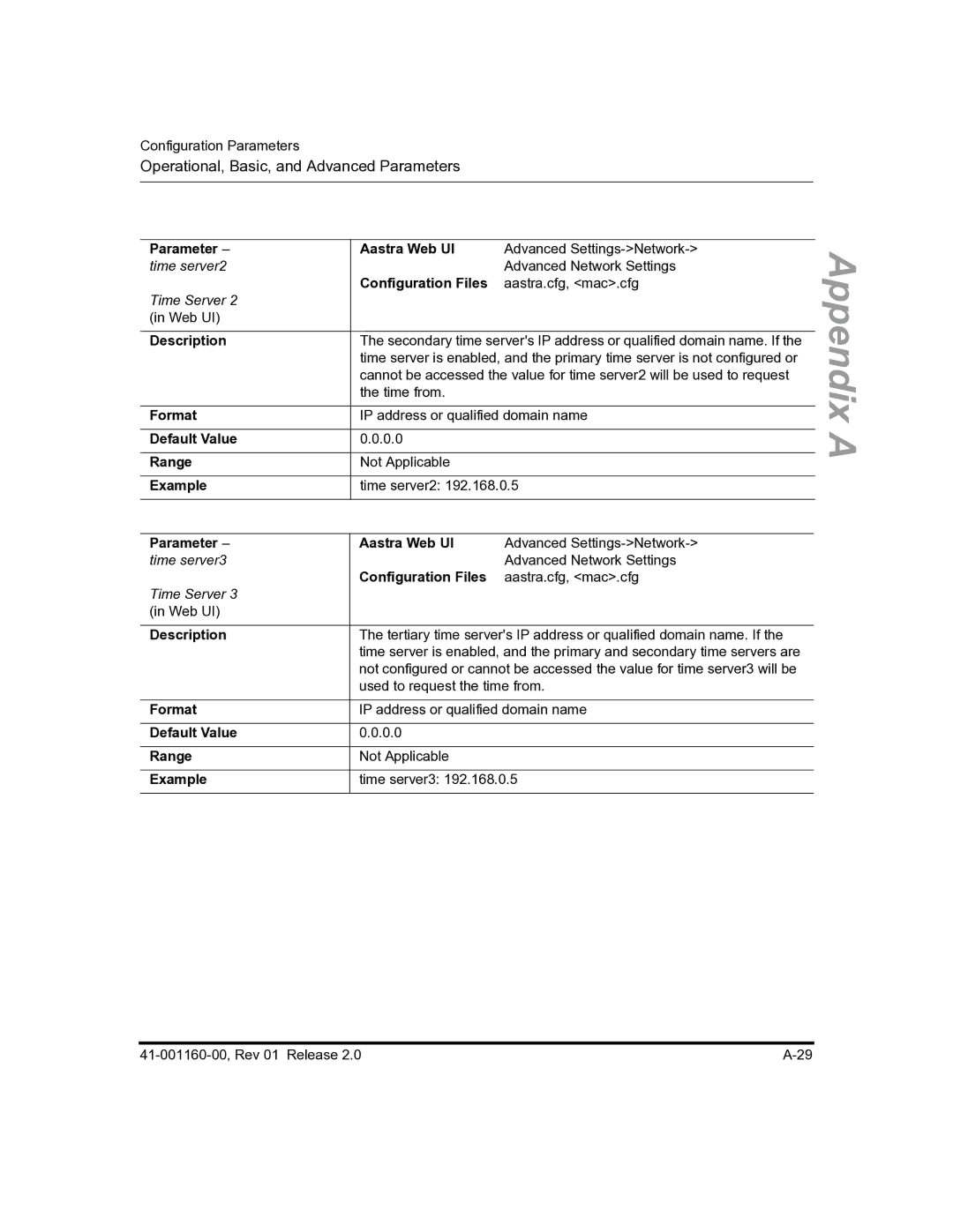 Aastra Telecom 57I C53I manual Parameter time server2, Description Format Default Value Range Example Aastra Web UI 