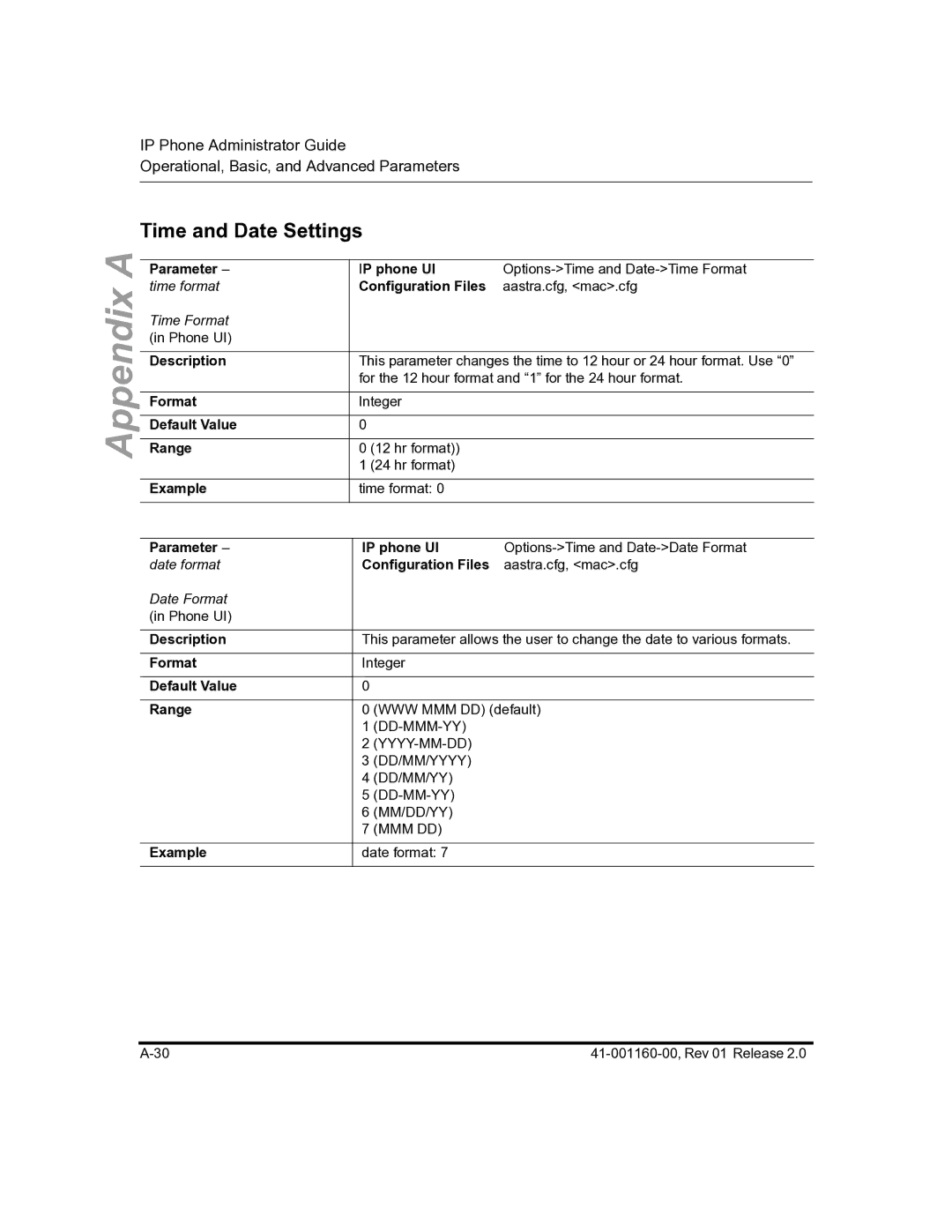 Aastra Telecom 57I C53I manual Time and Date Settings, Parameter IP phone UI 