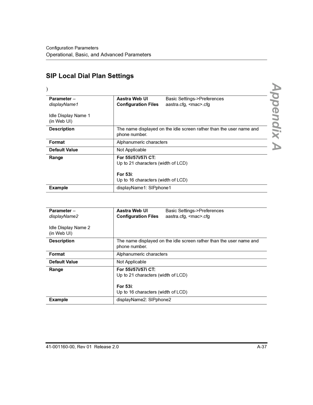 Aastra Telecom 57I C53I manual SIP Local Dial Plan Settings, Range For 55i/57i/57i CT 