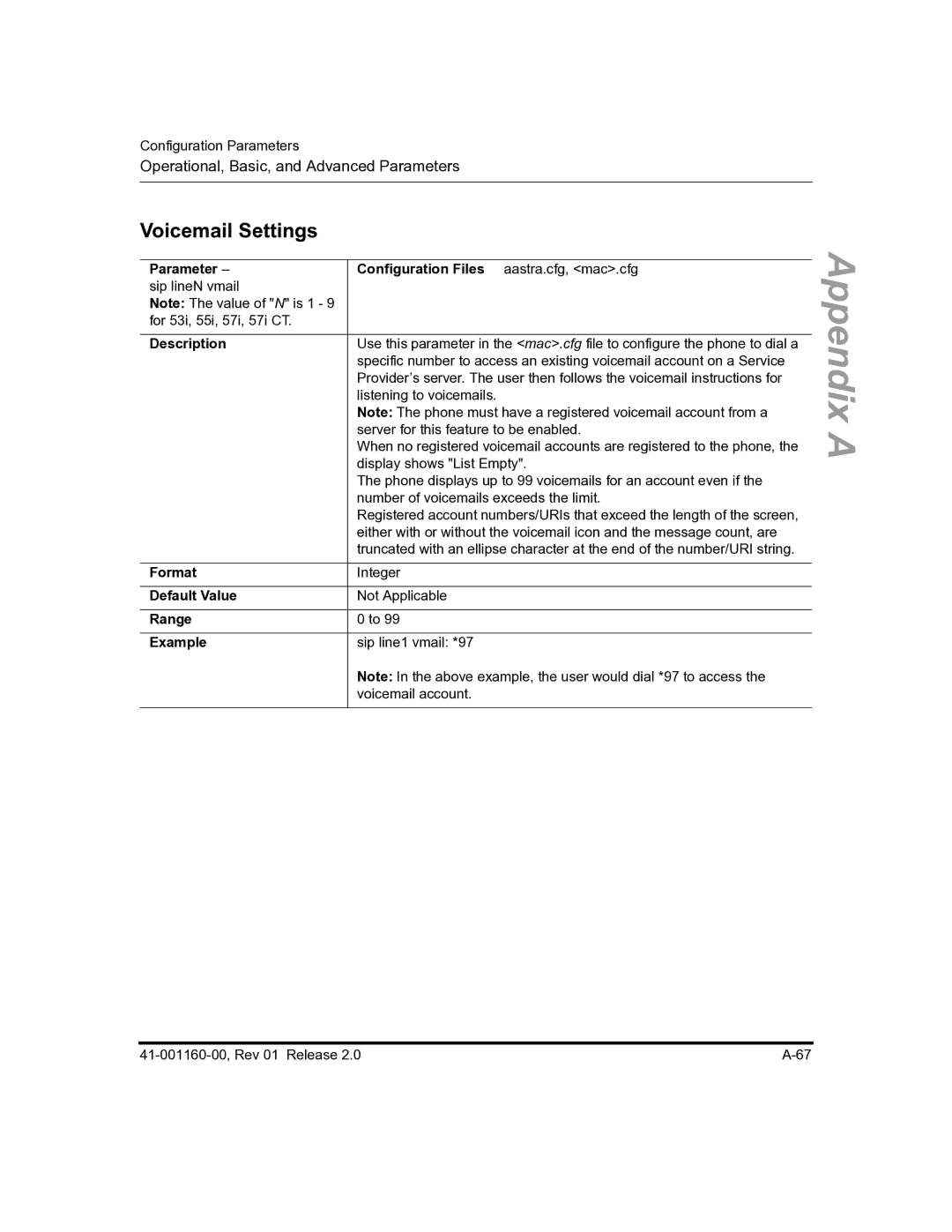 Aastra Telecom 57I C53I manual Voicemail Settings, Parameter 