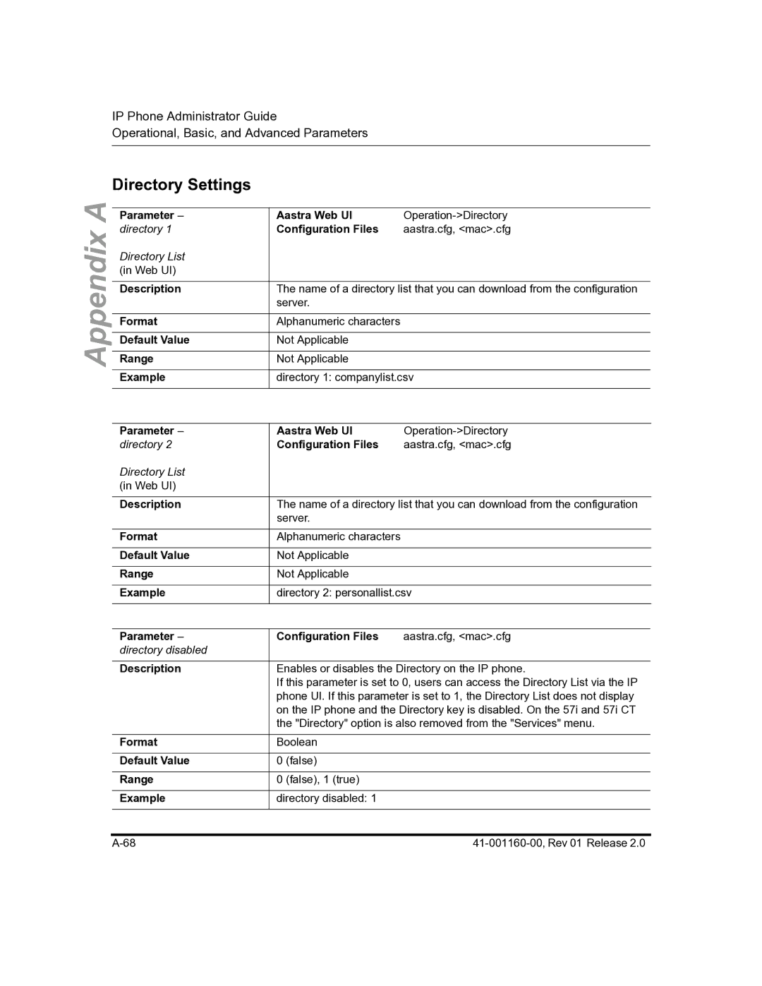 Aastra Telecom 57I C53I manual Directory Settings, Parameter Configuration Files 