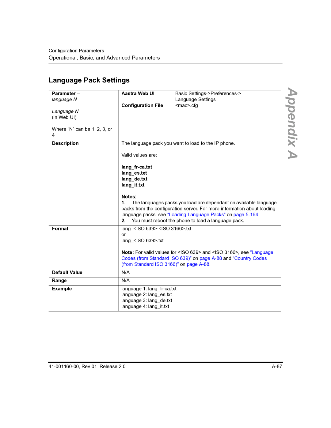 Aastra Telecom 57I C53I manual Language Pack Settings, Langfr-ca.txt Langes.txt Langde.txt Langit.txt 