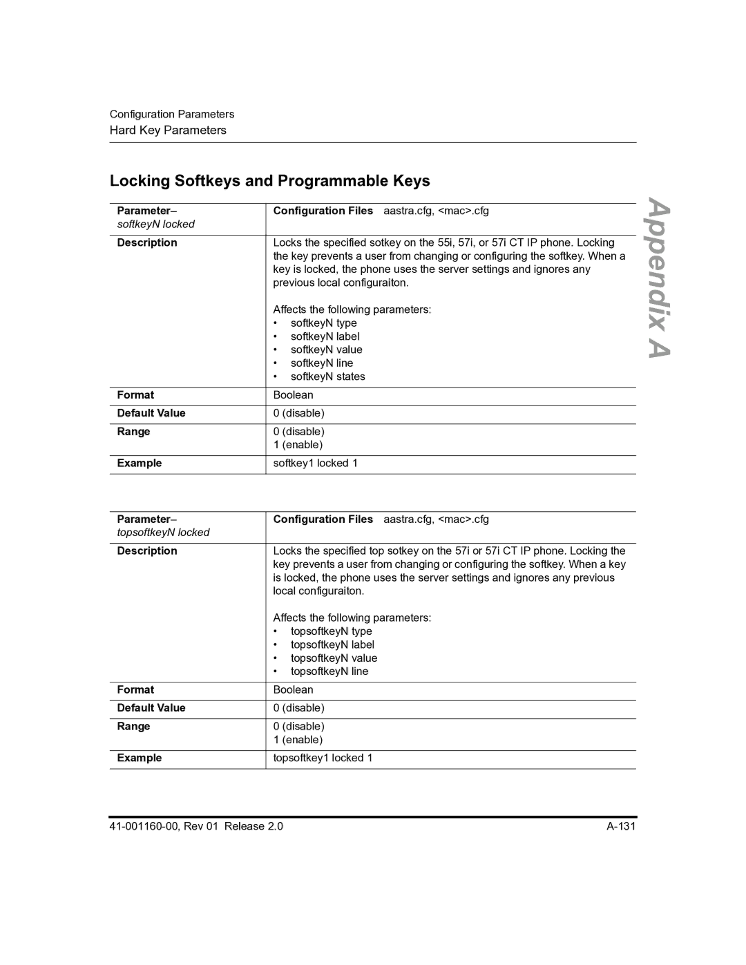 Aastra Telecom 57I C53I manual Locking Softkeys and Programmable Keys, Parameter Configuration Files 