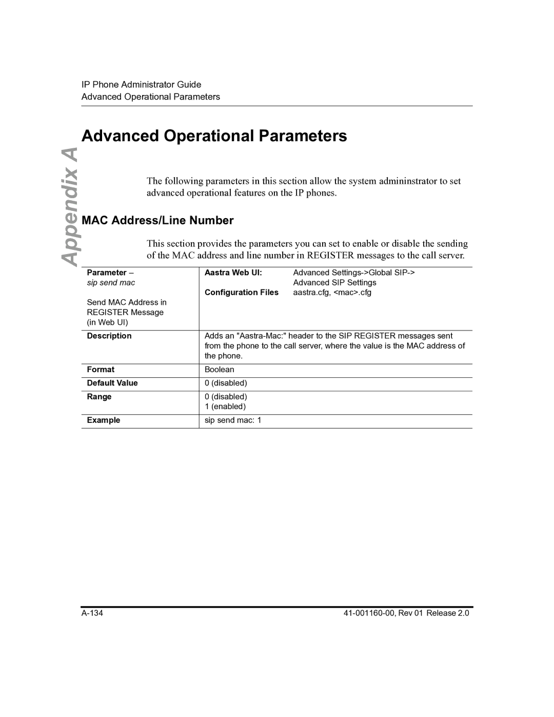 Aastra Telecom 57I C53I manual Advanced Operational Parameters, MAC Address/Line Number 