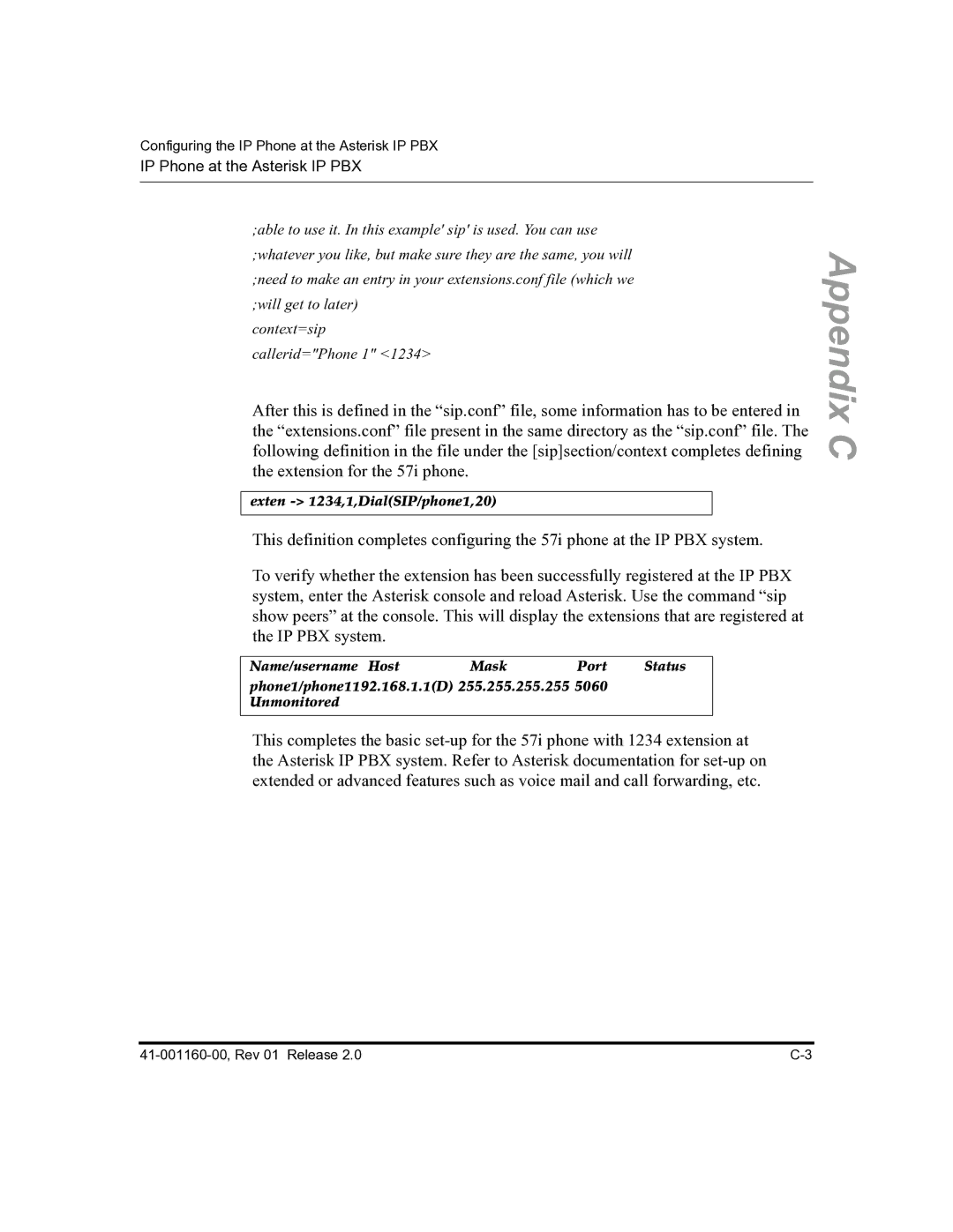 Aastra Telecom 57I C53I manual Exten 1234,1,DialSIP/phone1,20, Name/username Host Mask Port 