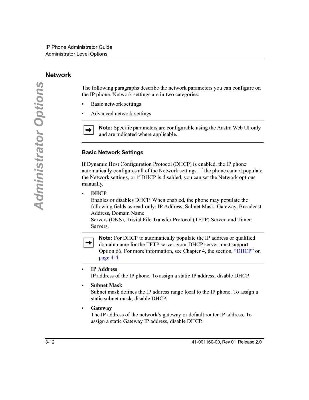 Aastra Telecom 57I C53I manual Basic Network Settings, IP Address, Subnet Mask, Gateway 