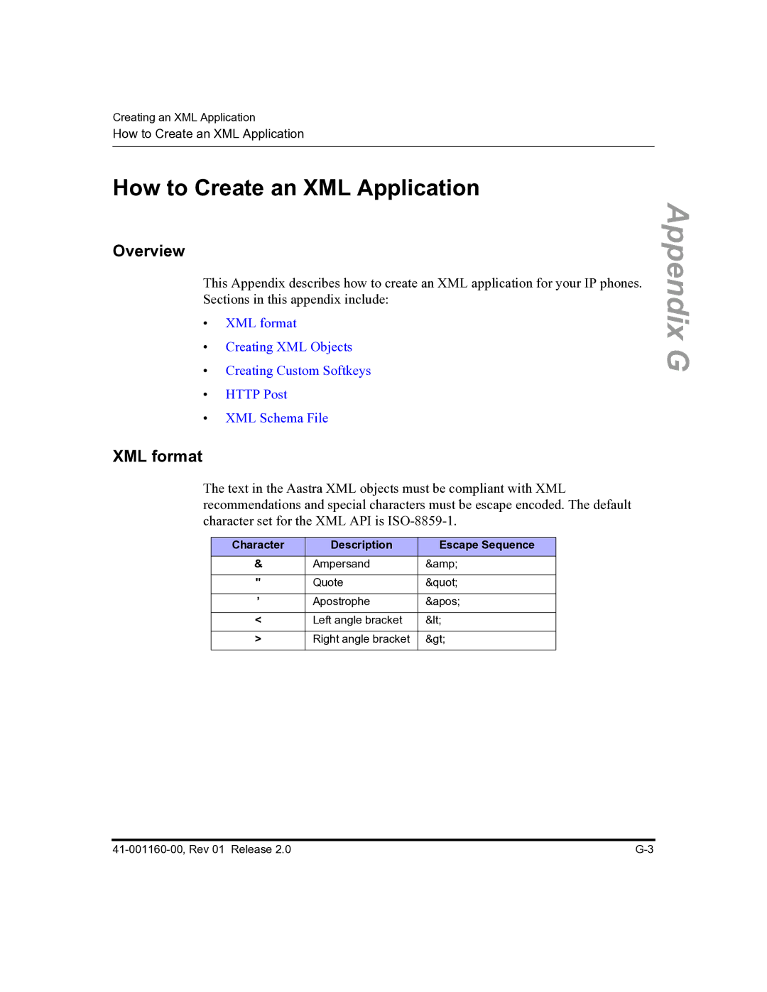 Aastra Telecom 57I C53I How to Create an XML Application, Overview, XML format, Character Description Escape Sequence 