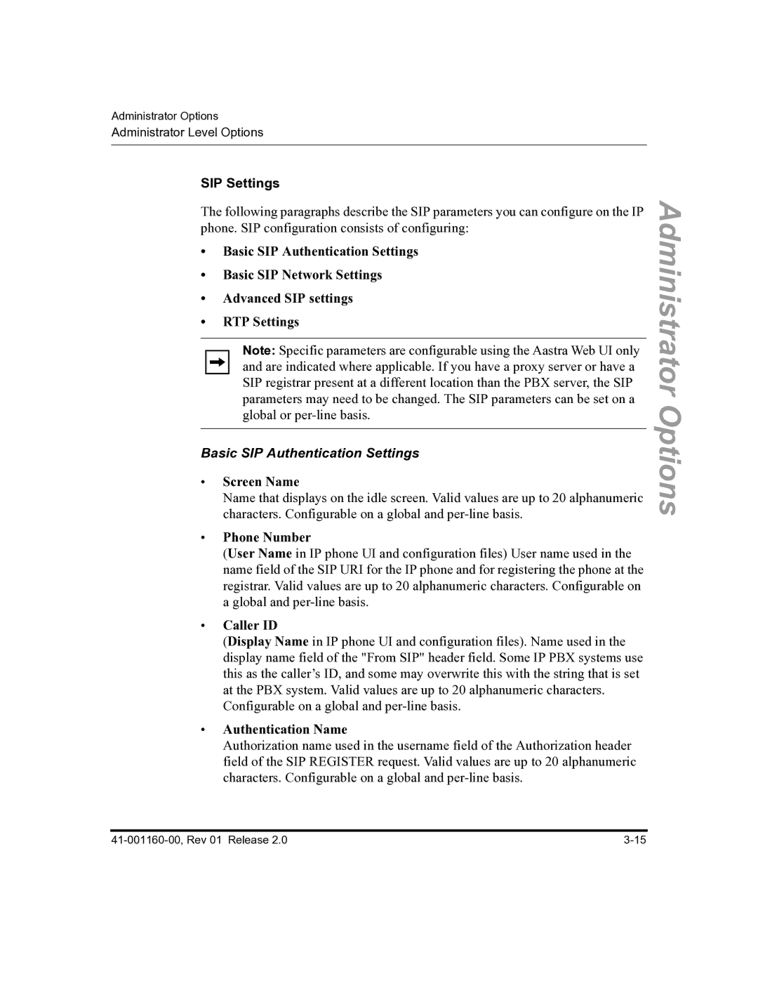 Aastra Telecom 57I C53I manual SIP Settings, Basic SIP Authentication Settings 